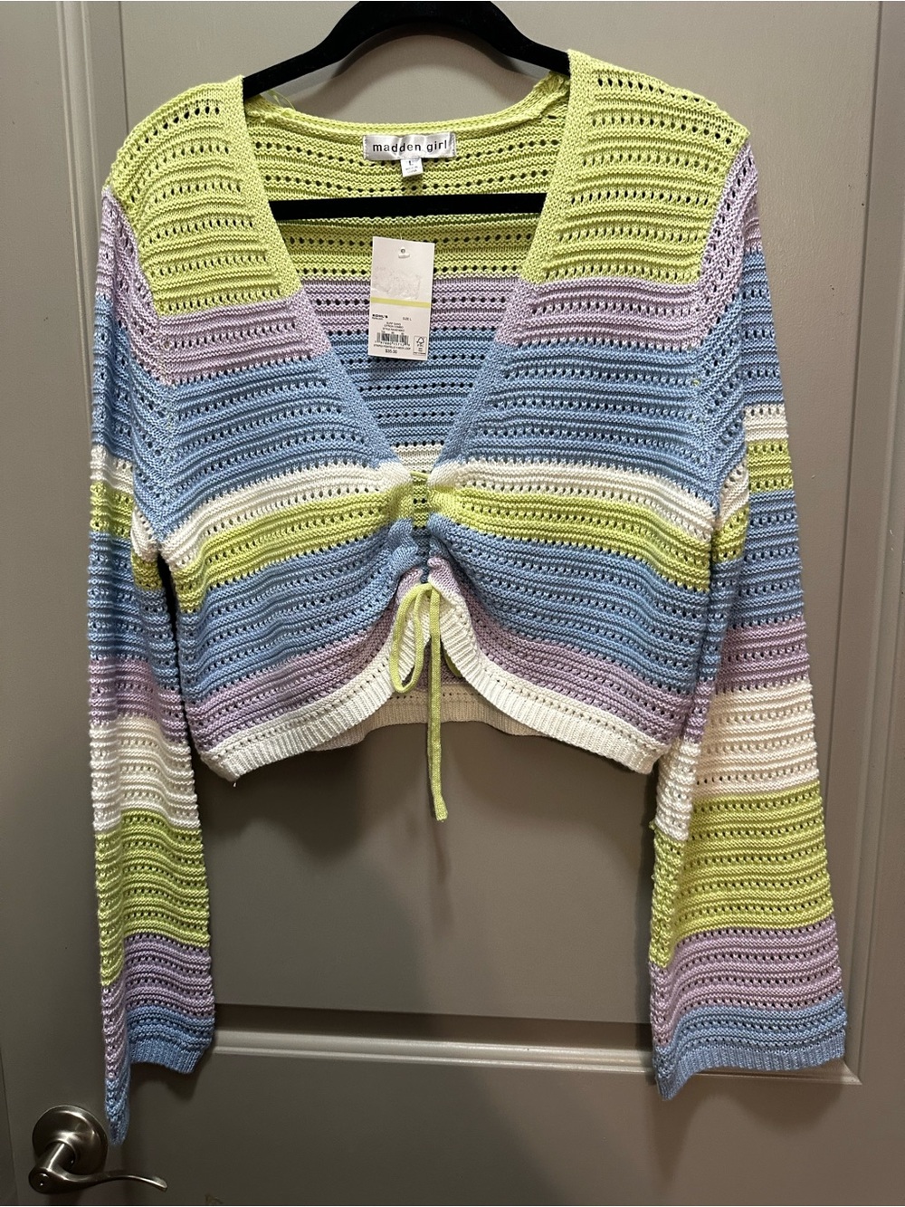 Madden Girl Size L Striped Pointelle V-neck Loop Sweater NWT